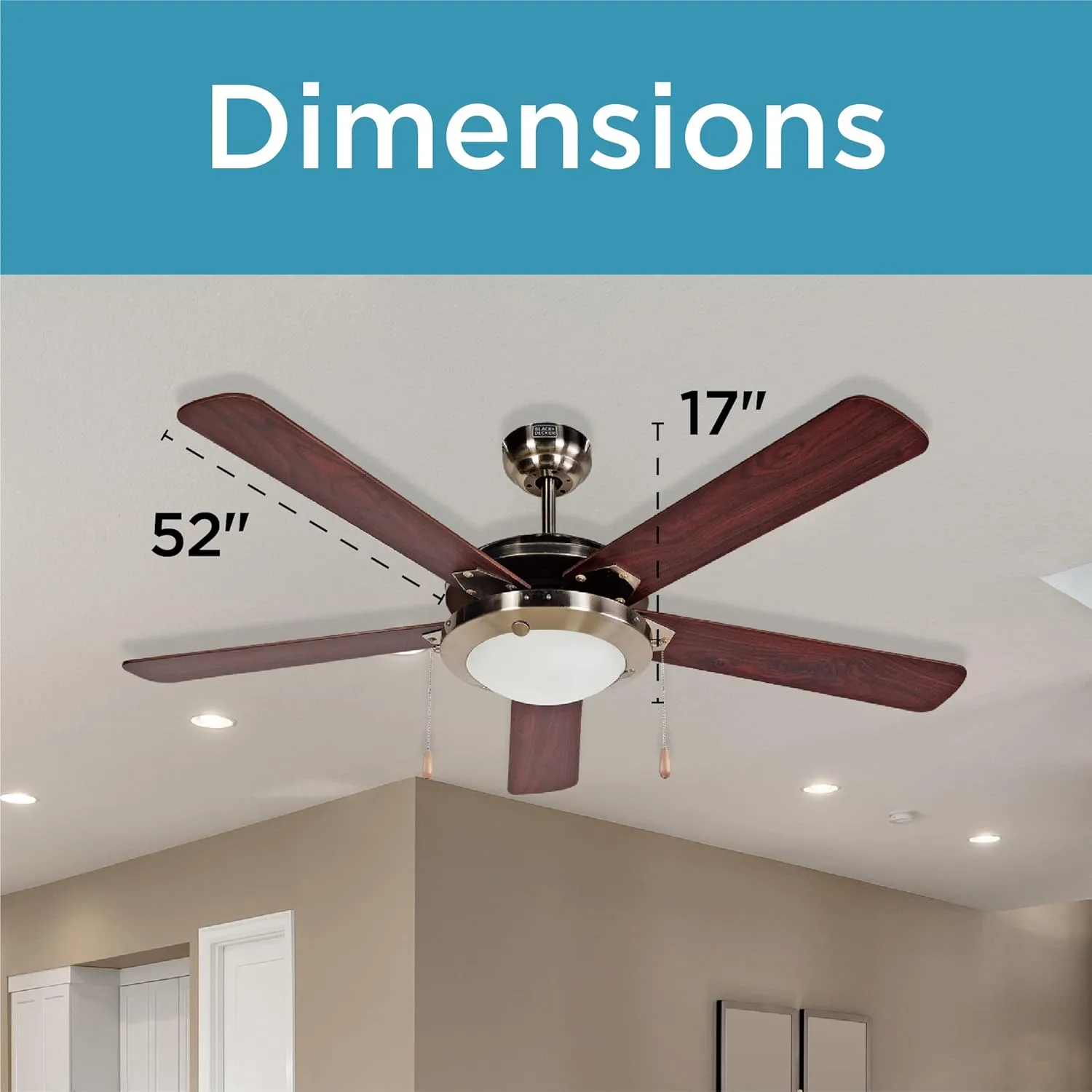 Black+Decker BCF5211 52-Inch 5-Bladed Pull Chain Brushed Nickel Ceiling Fan - 5 Blades - 52in Diameter - 3 Speed