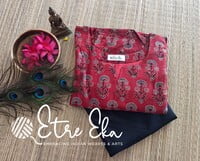 Ajrakh Hand Block Printed with Floral Prints-Red and Blue-Straight Kurti with 3/4th Sleeves Ajrakh Hand Block Printed with Floral Prints-Red and Blue-Straight Kurti with 3/4th Sleeves