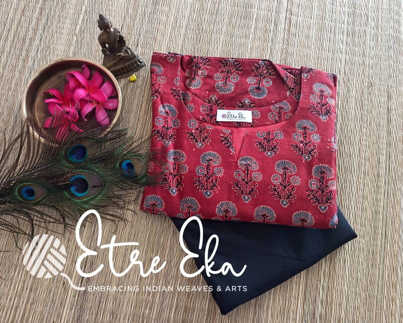 Ajrakh Hand Block Printed with Floral Prints-Red and Blue-Straight Kurti with 3/4th Sleeves Ajrakh Hand Block Printed with Floral Prints-Red and Blue-Straight Kurti with 3/4th Sleeves