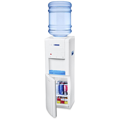 Modern floor-standing water dispenser with refrigerator compartment.