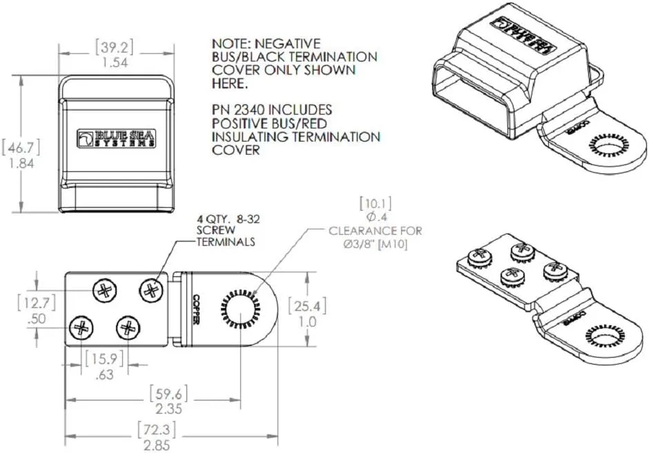 Blue Sea Systems 2340 Battery Terminal Mount Tin-plated Copper BusBars, Positive and Negative with 4 x 10-24" Stainless