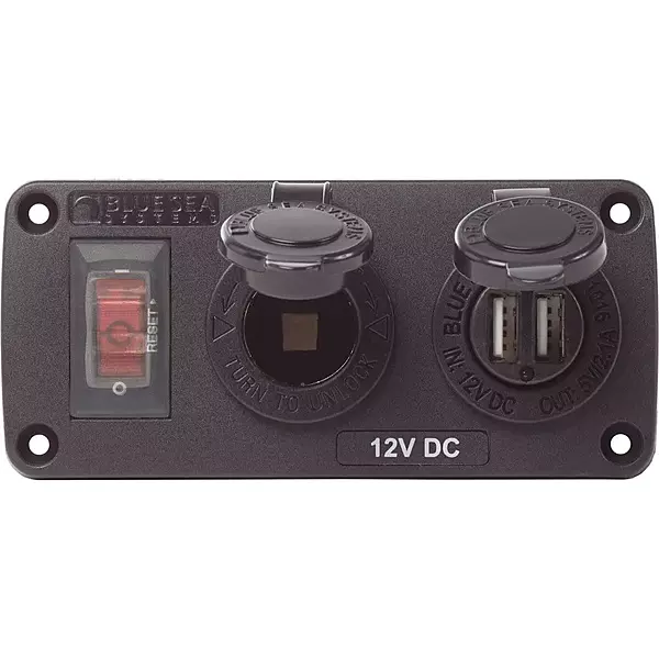 Blue Sea Systems 4363 Water-Resistant Accessory Panels, 15A Circuit Breaker, 12V Socket, 2.1A Dual USB Charger