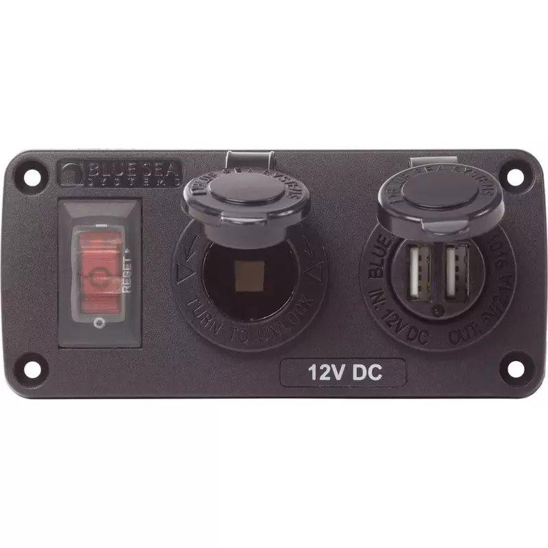 Blue Sea Systems 4363 Water-Resistant Accessory Panels, 15A Circuit Breaker, 12V Socket, 2.1A Dual USB Charger