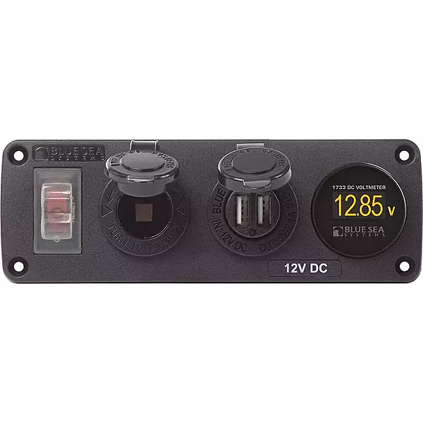 Blue Sea Systems 4366 Water-Resistant Accessory Panel with Circuit Breaker, 12V Socket, Dual USB Charger, Mini Voltmeter
