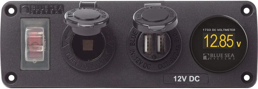 Blue Sea Systems 4366 Water-Resistant Accessory Panel with Circuit Breaker, 12V Socket, Dual USB Charger, Mini Voltmeter