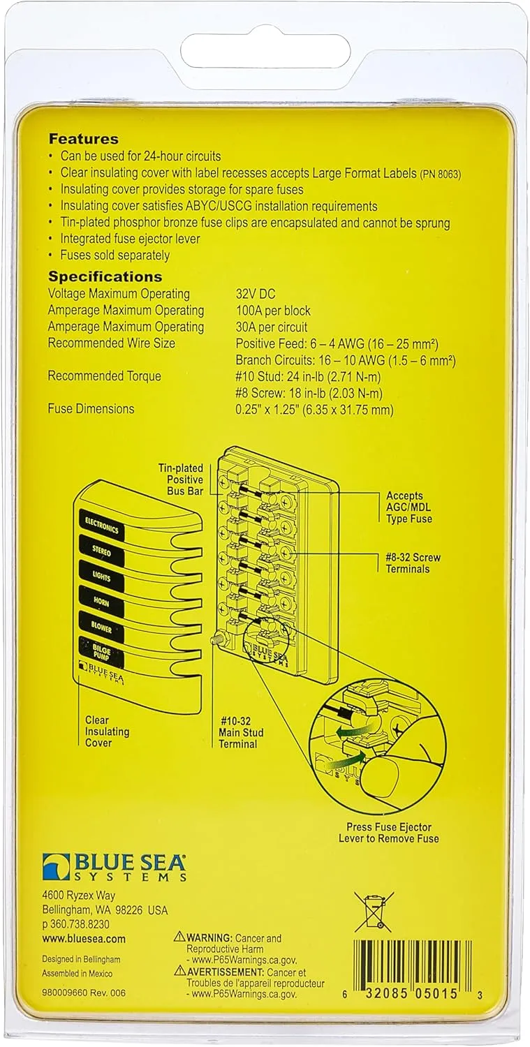 Blue Sea Systems 5015 Fuse Block AGC 6-CIR W/Ground , 3.5'' x 5.0''