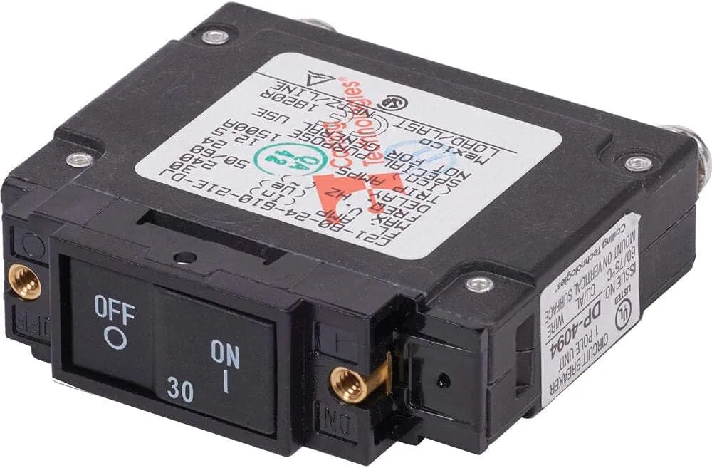 Blue Sea Systems 7458 Circuit Breaker C-Series Flat Rocker 30A AC UL489 30 Amp AC Black