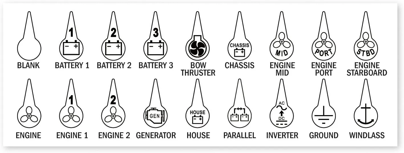 Blue Sea Systems 7902 Battery Switch ICON Label Kit, 18 icons, Beige