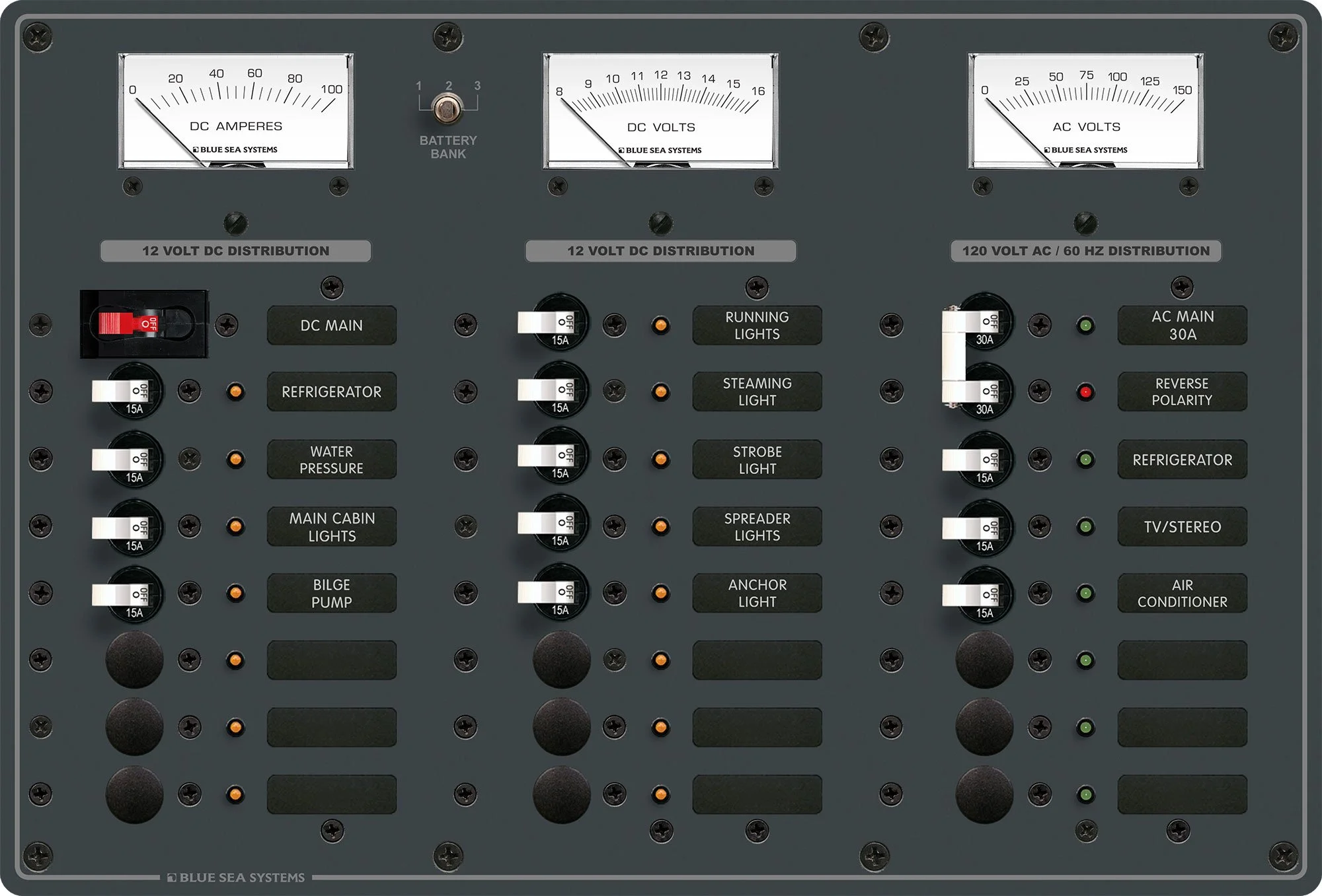 Blue Sea 8084 AC Main +6 Positions/DC Main +15 Positions Toggle Circuit Breaker Panel - White Switches