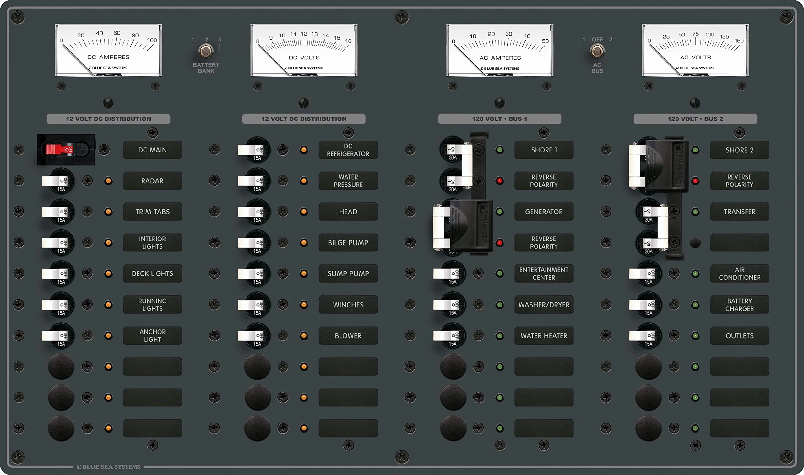 Blue Sea 8086 AC 3 Sources +12 Positions/DC Main +19 Position Toggle Circuit Breaker Panel (White Switches)