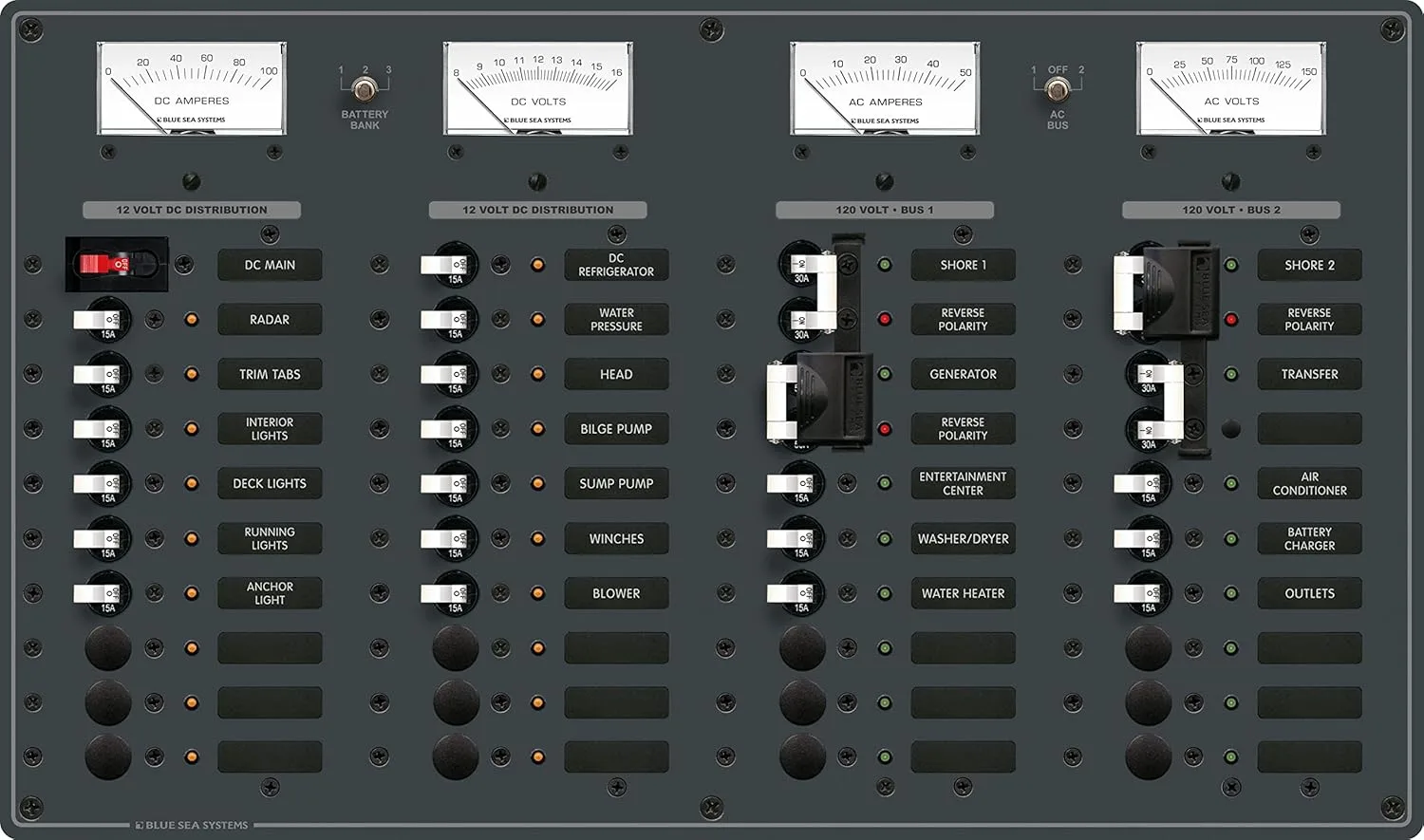 Blue Sea 8086 AC 3 Sources +12 Positions/DC Main +19 Position Toggle Circuit Breaker Panel (White Switches)