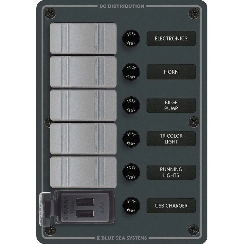 Blue Sea 8121-5 Position Contura Switch Panel w/Dual USB Chargers - 12/24V DC - Black