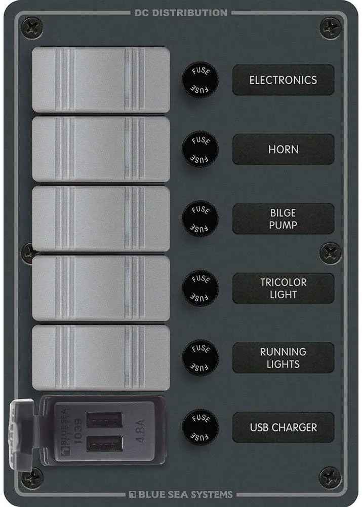 Blue Sea 8121-5 Position Contura Switch Panel w/Dual USB Chargers - 12/24V DC - Black