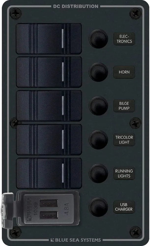 Blue Sea 8521 - 5 Position Contura Switch Panel w/Dual USB Chargers - 12/24V DC - Black