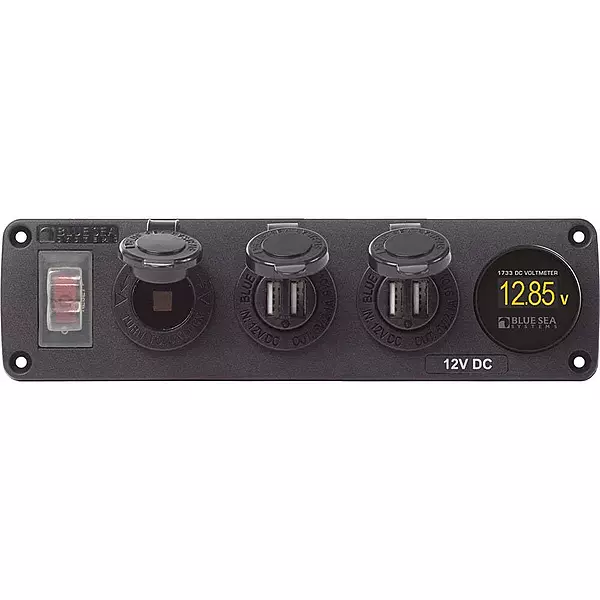 Blue Sea Systems 4368 Water-Resistant Accessory Panel, 12V Socket, 2x 2.1A USB, Mini Voltmeter