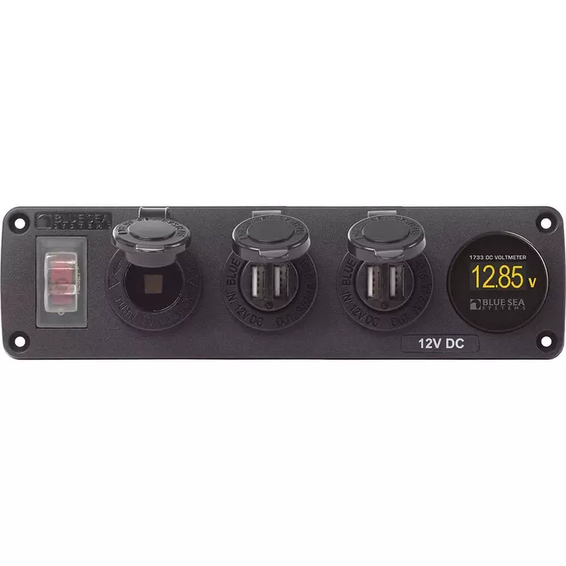 Blue Sea Systems 4368 Water-Resistant Accessory Panel, 12V Socket, 2x 2.1A USB, Mini Voltmeter