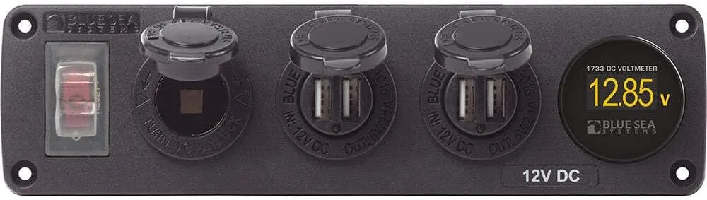 Blue Sea Systems 4368 Water-Resistant Accessory Panel, 12V Socket, 2x 2.1A USB, Mini Voltmeter