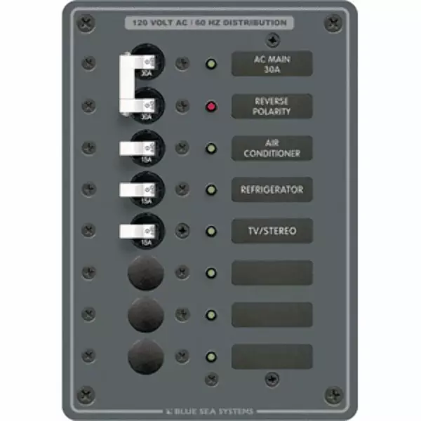 Blue Sea Systems 8027 Traditional Metal Panel, AC Main + 6 Positions, 5-1/4 W x 7-1/2 H