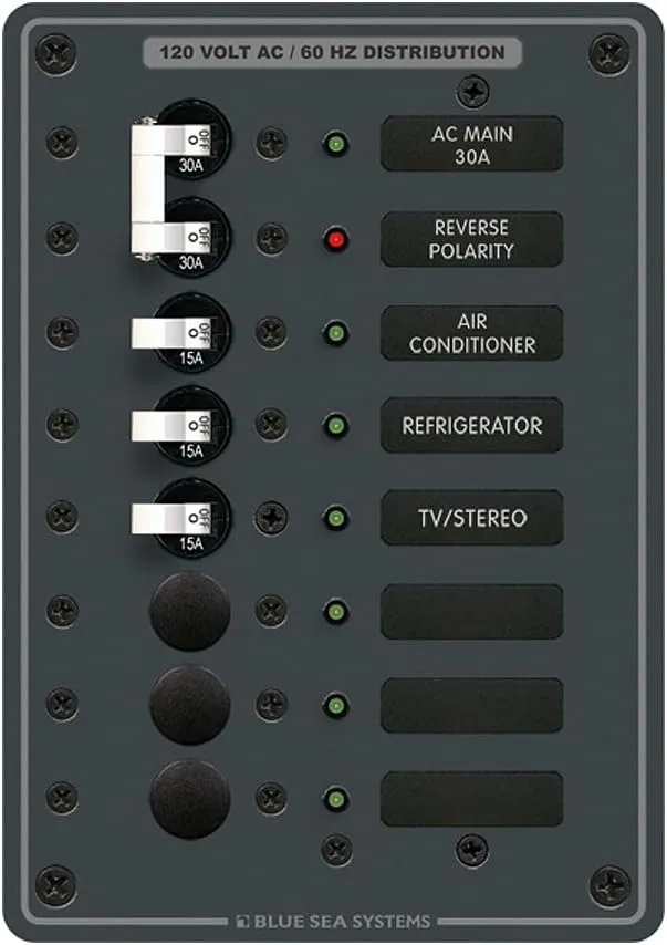 Blue Sea Systems 8027 Traditional Metal Panel, AC Main + 6 Positions, 5-1/4 W x 7-1/2 H