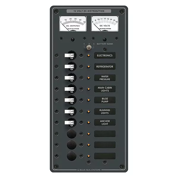 Blue Sea Systems 8082 PANEL DC 10 POS W/VOLT & AMTR DC 10 Position, 5-1/4" W x 11-1/2" H,black