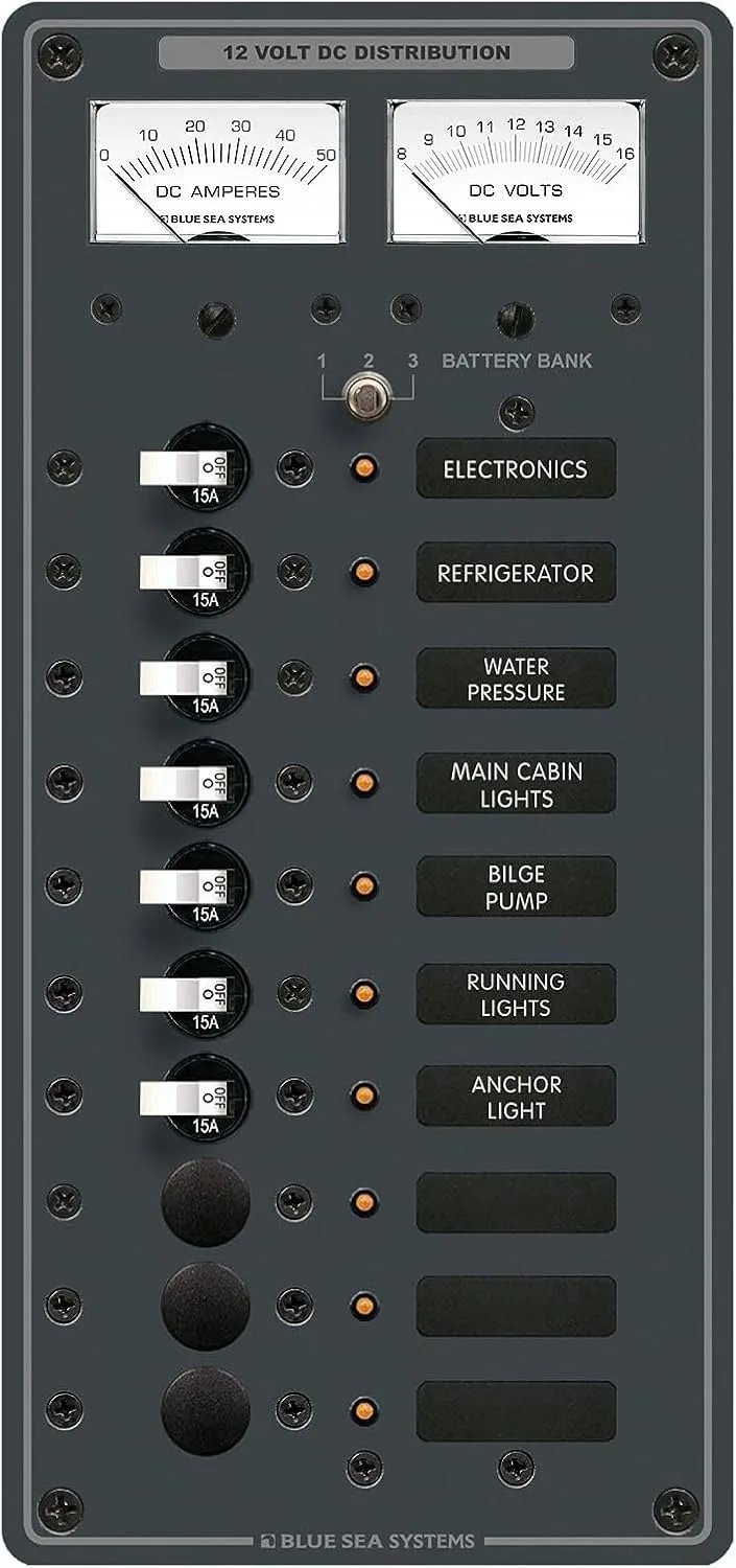 Blue Sea Systems 8082 PANEL DC 10 POS W/VOLT & AMTR DC 10 Position, 5-1/4" W x 11-1/2" H,black
