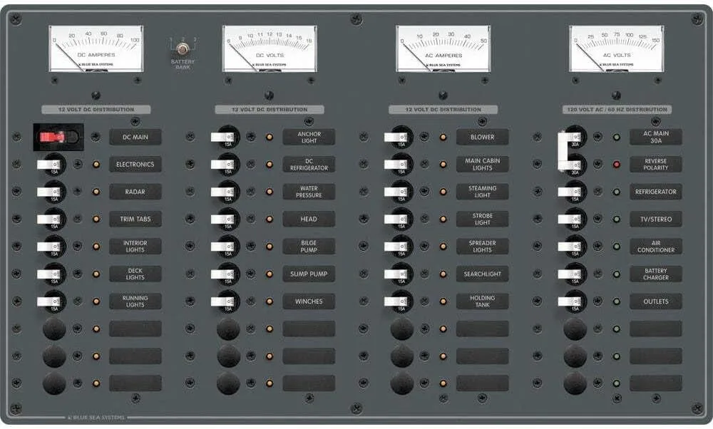 Blue Sea 8095 AC Main +8 Positions / DC Main +29 Positions Toggle Circuit Breaker Panel  (White Switches)