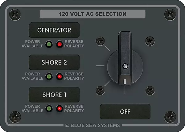 Blue Sea Systems 8366 AC Rotary Switch Panel 30 Ampere 3 positions + OFF, 2 Pole, Beige, 3.75" H x 5.25" W x 2.41" D