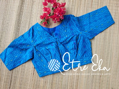 Saree Blouse. Light Blue IKKAT Overlap Pattern, Front Open Blouse