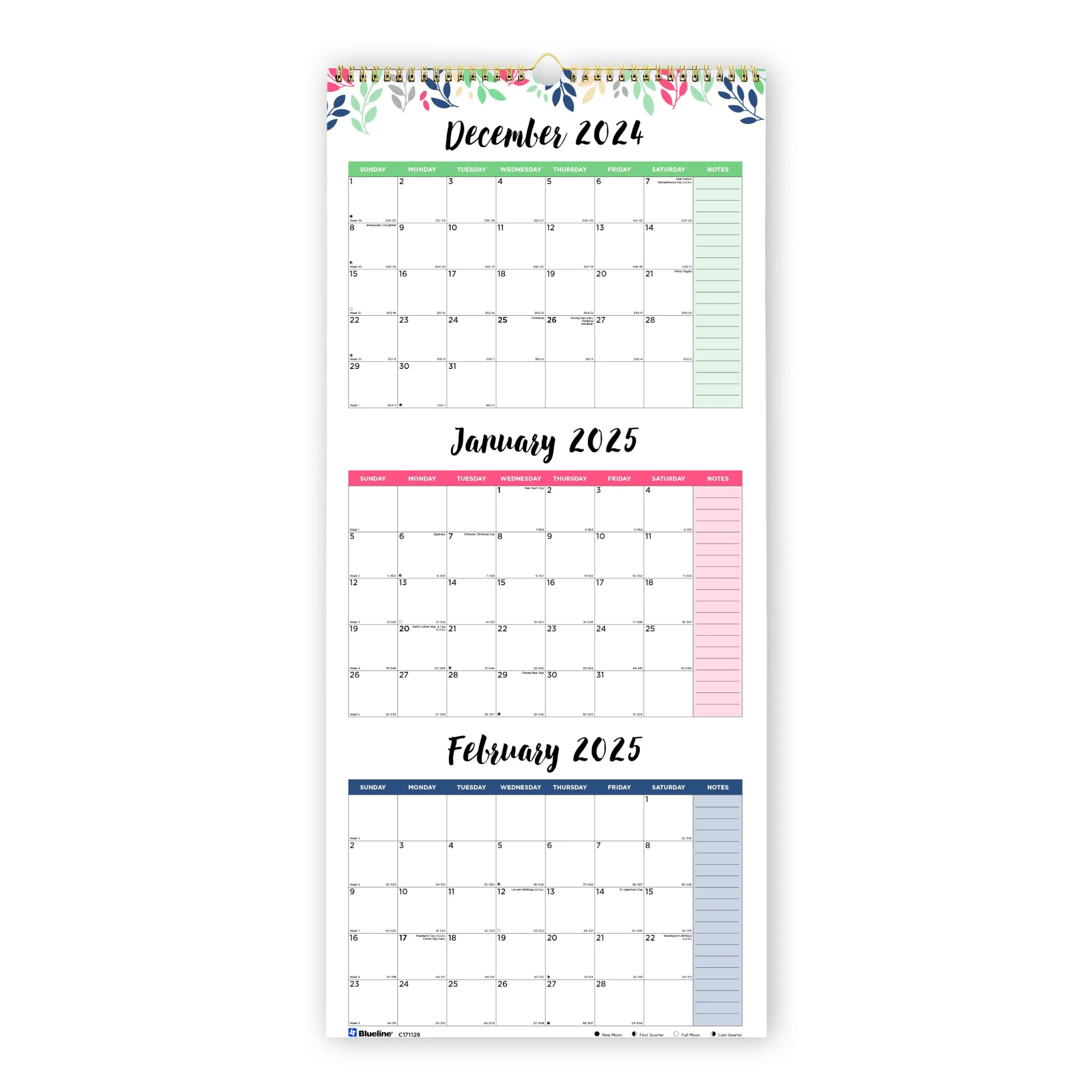 Blueline® 2025 Colorful Three-Month Wall Calendar, 14 Months, Leaves Design (C171129-25)