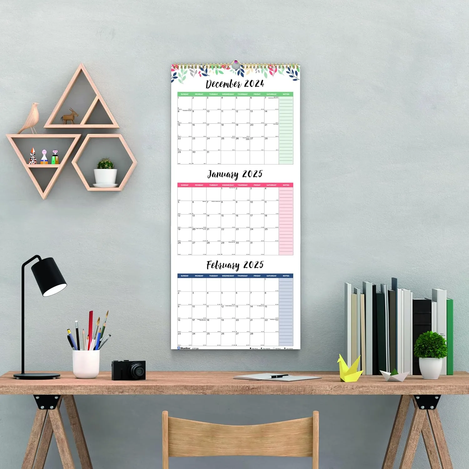 Blueline® 2025 Colorful Three-Month Wall Calendar, 14 Months, Leaves Design (C171129-25)