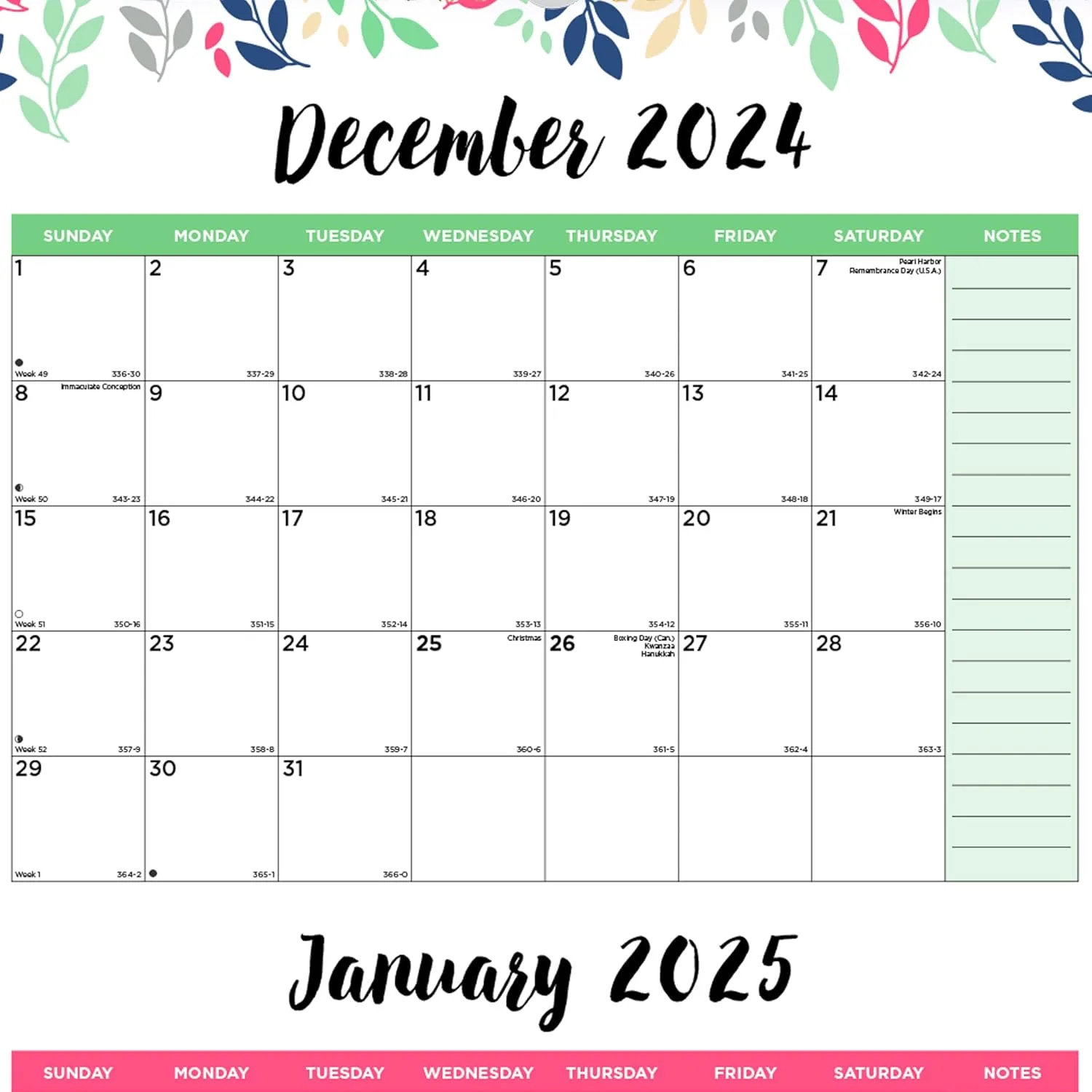 Blueline® 2025 Colorful Three-Month Wall Calendar, 14 Months, Leaves Design (C171129-25)