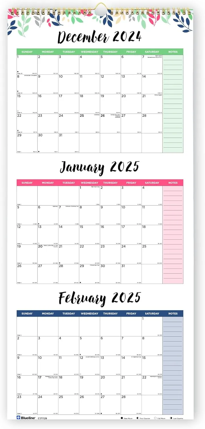 Blueline® 2025 Colorful Three-Month Wall Calendar, 14 Months, Leaves Design (C171129-25)