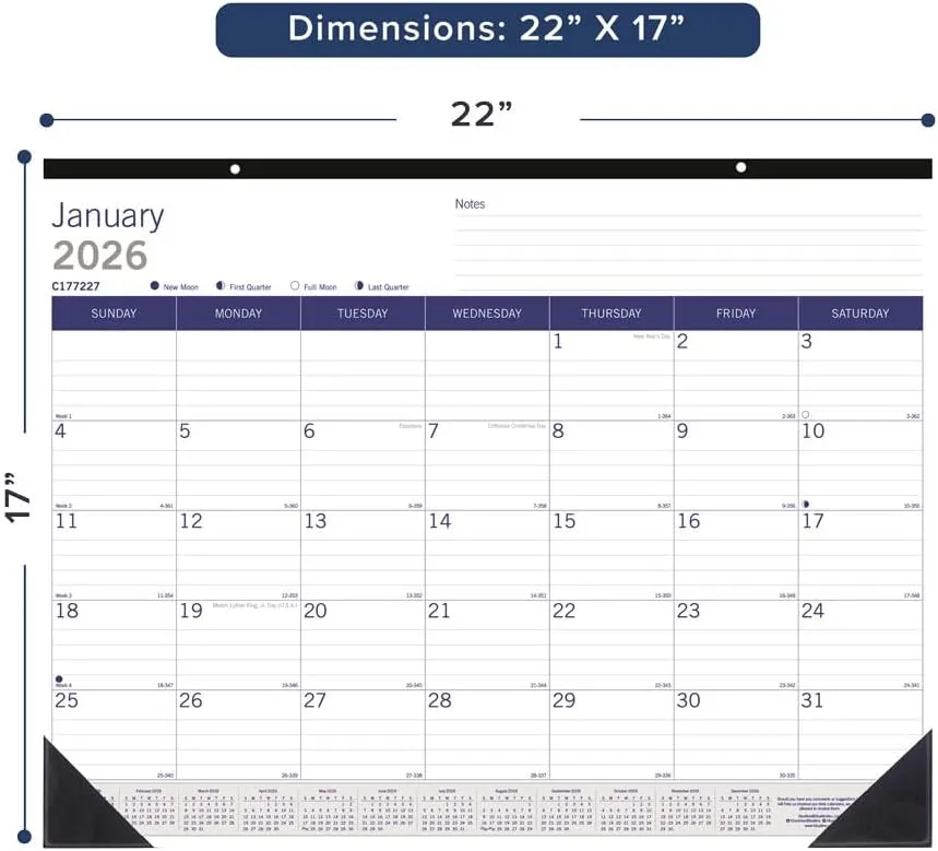 Blueline® 2026 DuraGlobe™ Monthly Desk Pad Calendar, 12 Months, January to December, Bamboo Fiber, 22" x 17" (C177227-26)