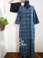 Ajrakh Hand Block Printed Mul Cotton Straight Kurti, Blue-Black-Teal with Mirror work