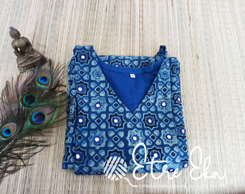 Ajrakh Hand Block Printed Mul Cotton Straight Kurti, Blue-Black-Teal with Mirror work