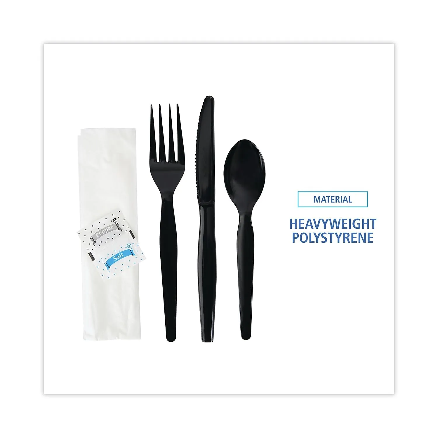 Boardwalk BWKFKTNSHWPSBLA 6-Piece Heavyweight Condiment/Fork/Knife/Napkin/Spoon Cutlery Kit - Black (250/Carton)