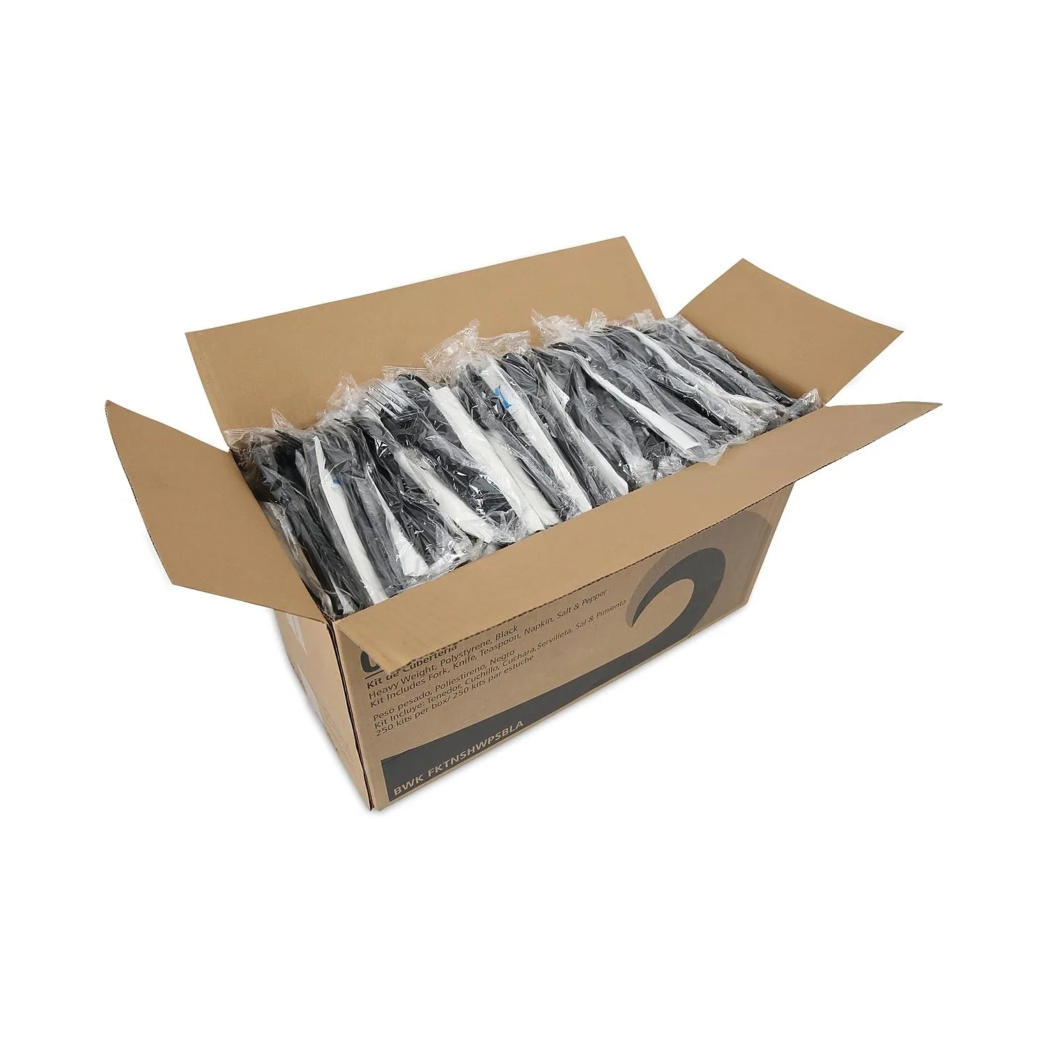 Boardwalk BWKFKTNSHWPSBLA 6-Piece Heavyweight Condiment/Fork/Knife/Napkin/Spoon Cutlery Kit - Black (250/Carton)