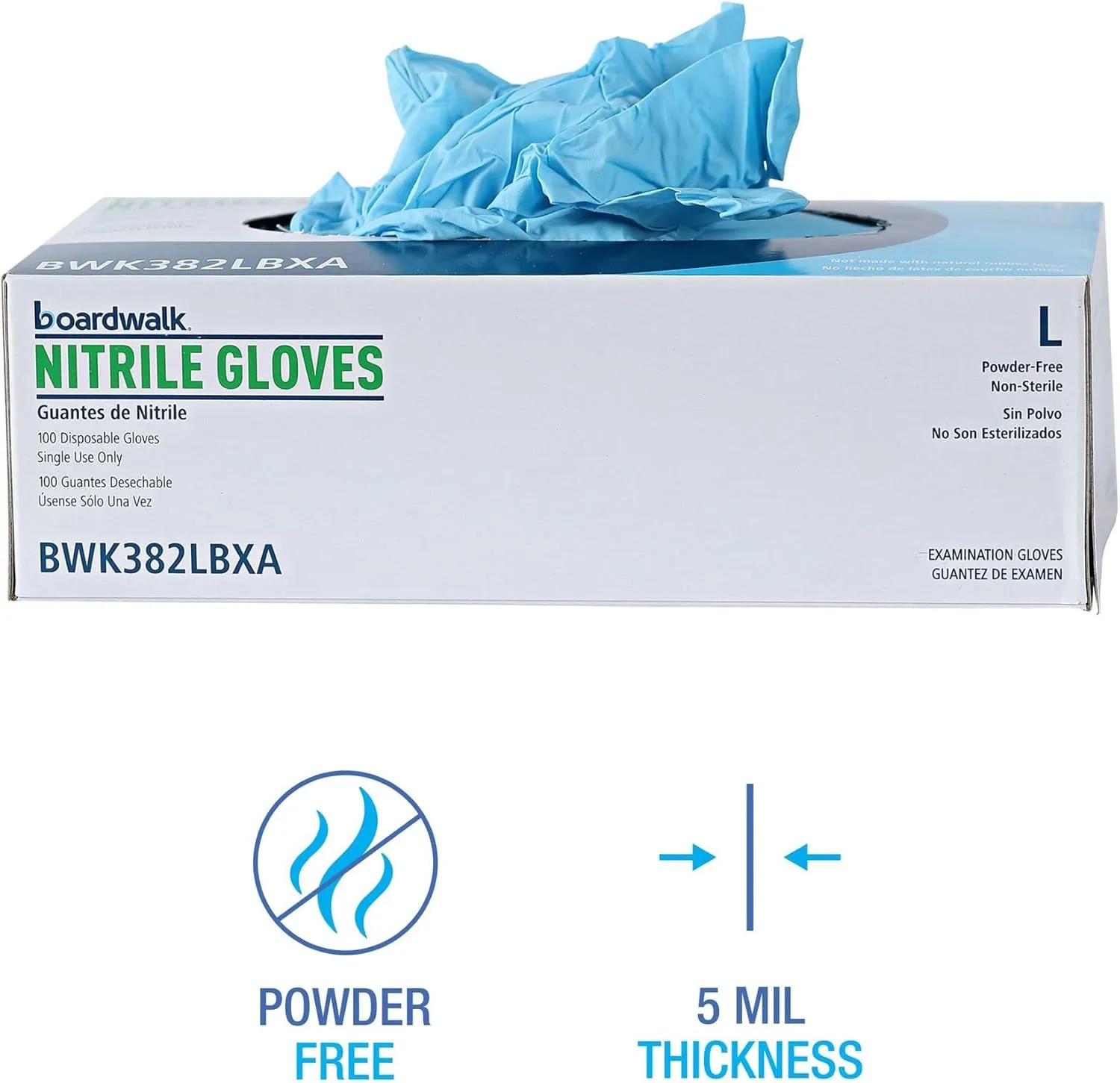 Boardwalk Disposable General-Purpose Powder-Free Nitrile Gloves, Large, Blue, 5mil, Box Of 100 Gloves