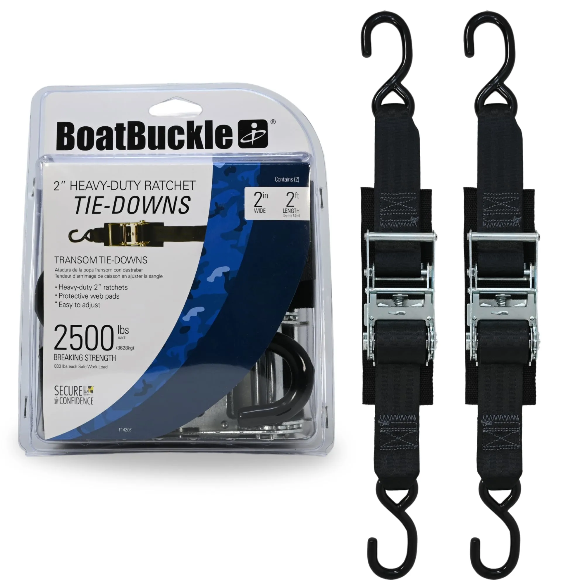 BOATBUCKLE Heavy-Duty Transom Tie-Down Straps, 2-Inch, 2,500 lb Break Strength