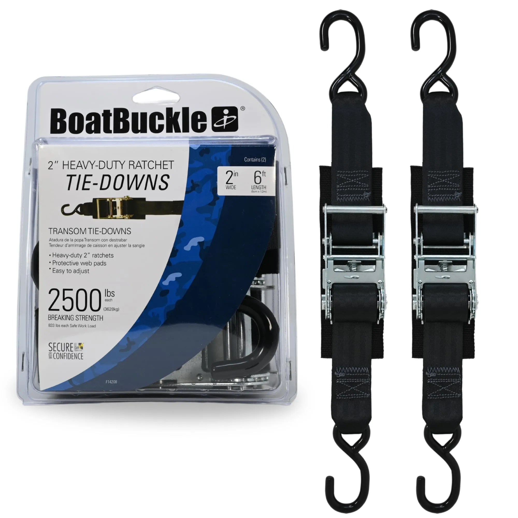 BOATBUCKLE Heavy-Duty Transom Tie-Down Straps, 2-Inch, 2,500 lb Break Strength