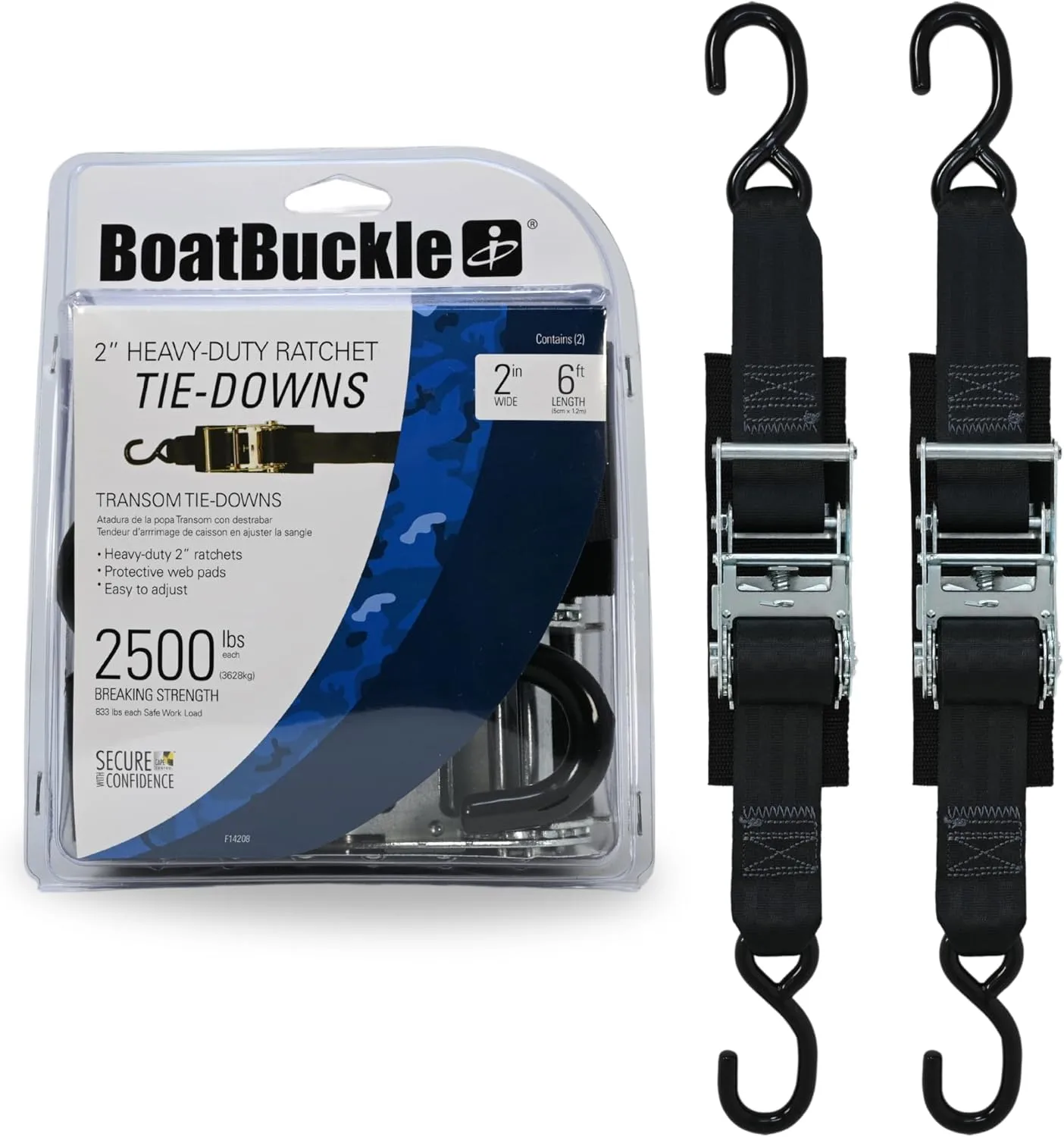 BOATBUCKLE Heavy-Duty Transom Tie-Down Straps, 2-Inch, 2,500 lb Break Strength