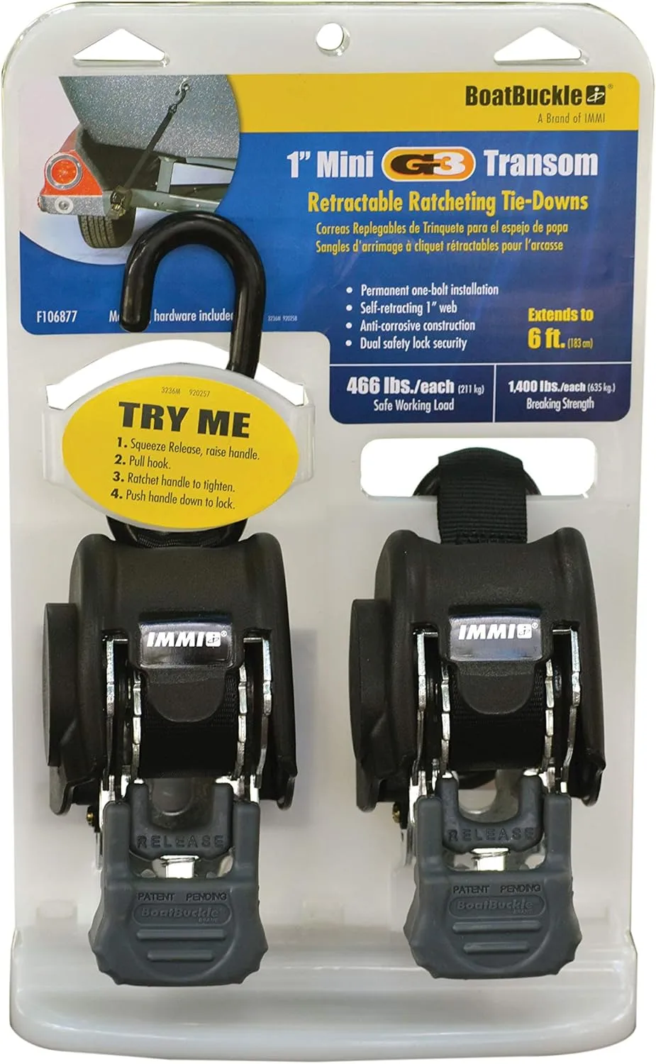 BoatBuckle Mini G3 Retractable Transom Tie-Down System - 1" x 72"
