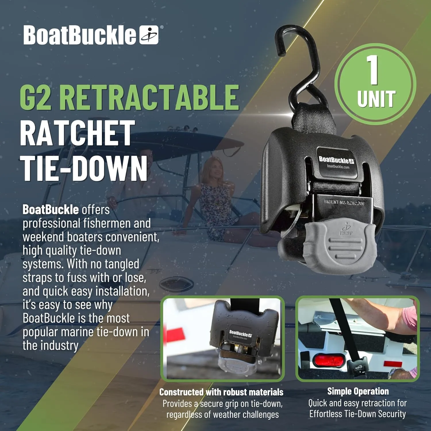 BoatBuckle Retractable Transom Tie-Down Strap, 43 x 2 in, 1-Count