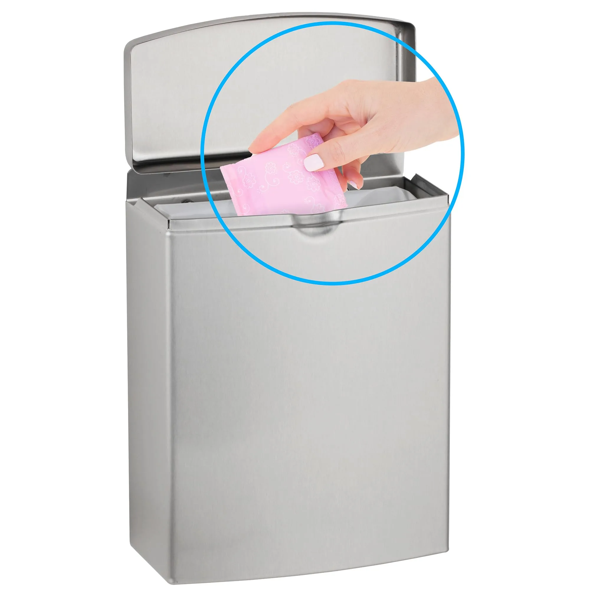 Bobrick Sanitary Napkin Disposal Wall Mounted Stainless Steel Flip Top Receptacle for Public Restrooms