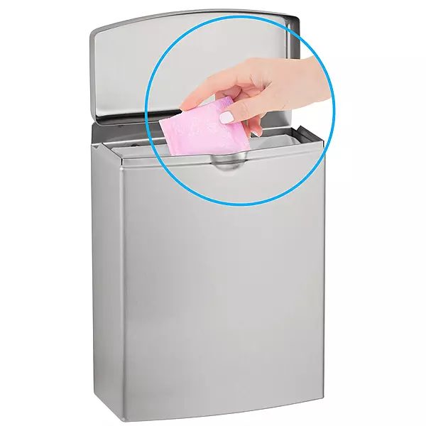 Bobrick Sanitary Napkin Disposal Wall Mounted Stainless Steel Flip Top Receptacle for Public Restrooms