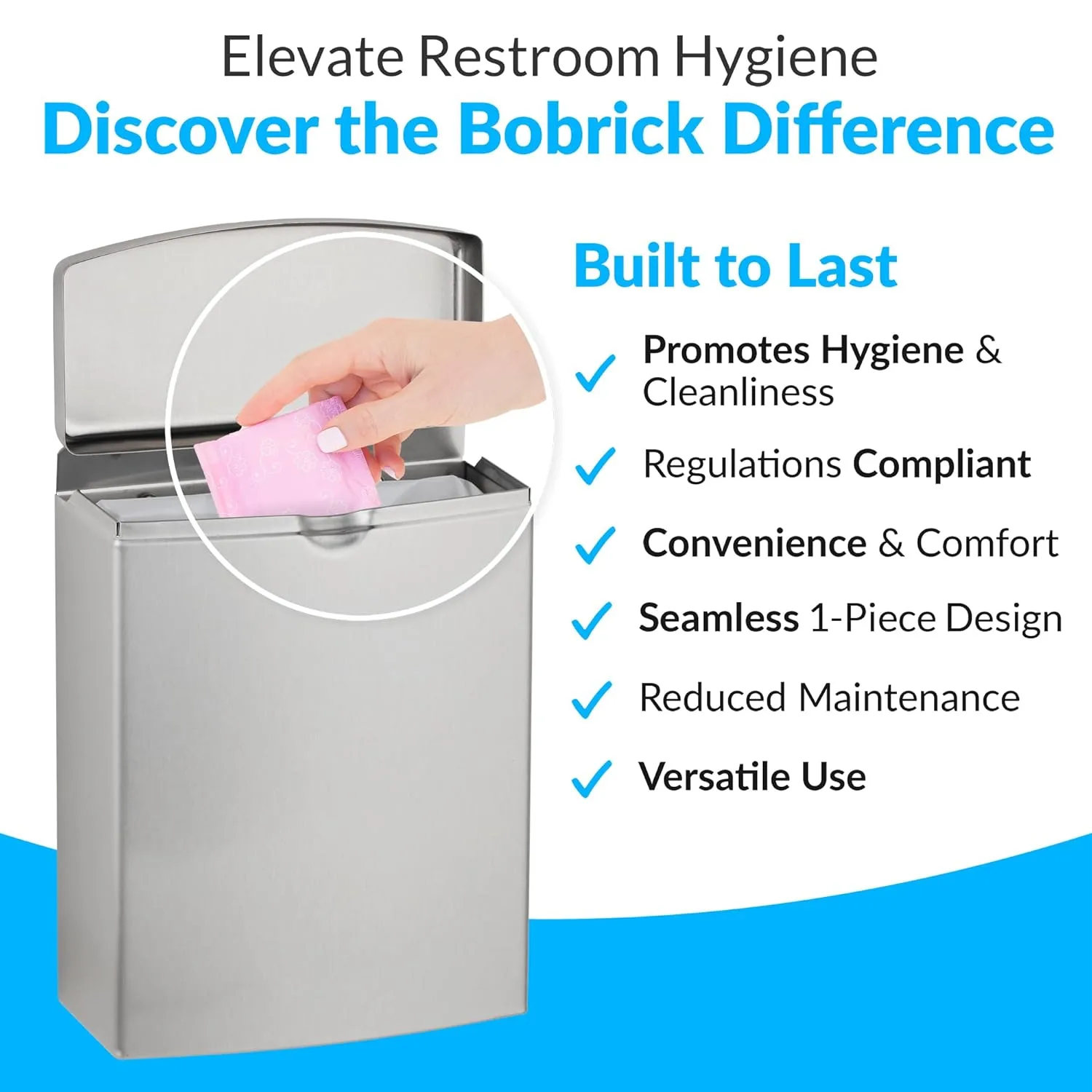 Bobrick Sanitary Napkin Disposal Wall Mounted Stainless Steel Flip Top Receptacle for Public Restrooms