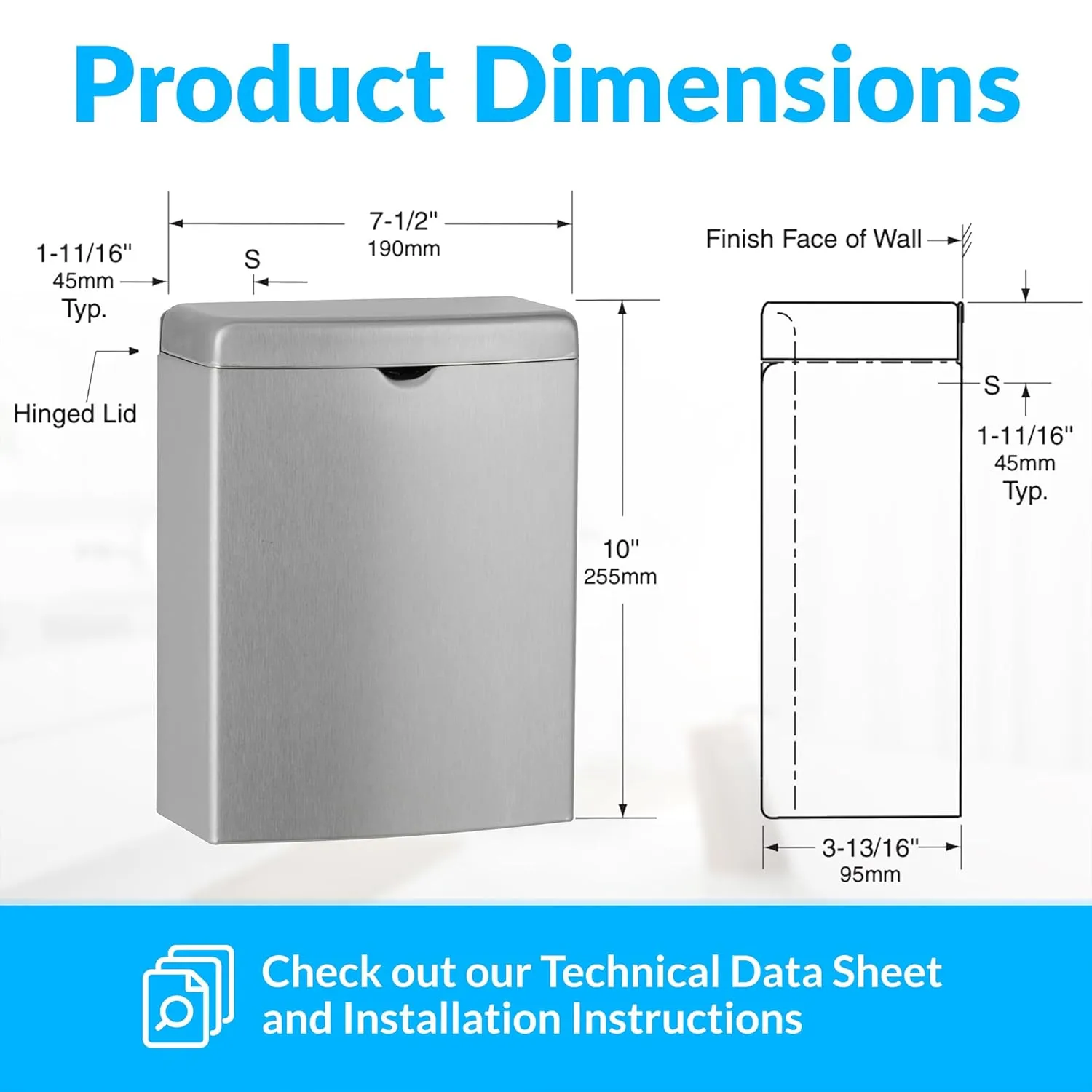 Bobrick Sanitary Napkin Disposal Wall Mounted Stainless Steel Flip Top Receptacle for Public Restrooms