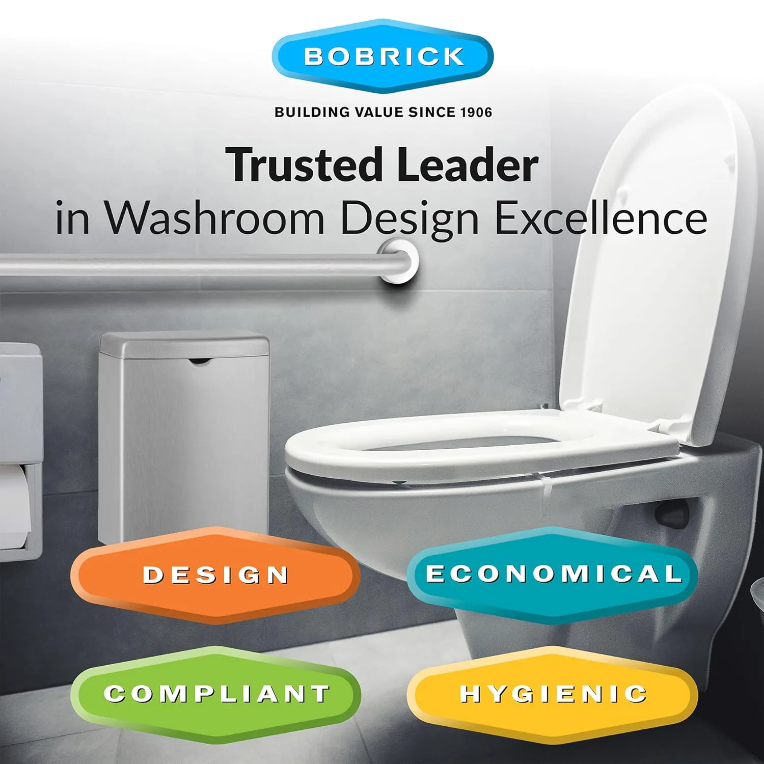 Bobrick Sanitary Napkin Disposal Wall Mounted Stainless Steel Flip Top Receptacle for Public Restrooms