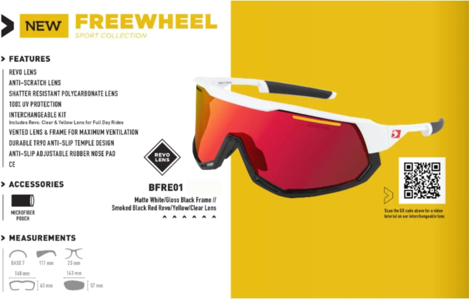 Bobster® Freewheel Cycling Sunglass, Matte White/Gloss Black Frame, Smoke Black Red Revo, Yellow & Clear Lens