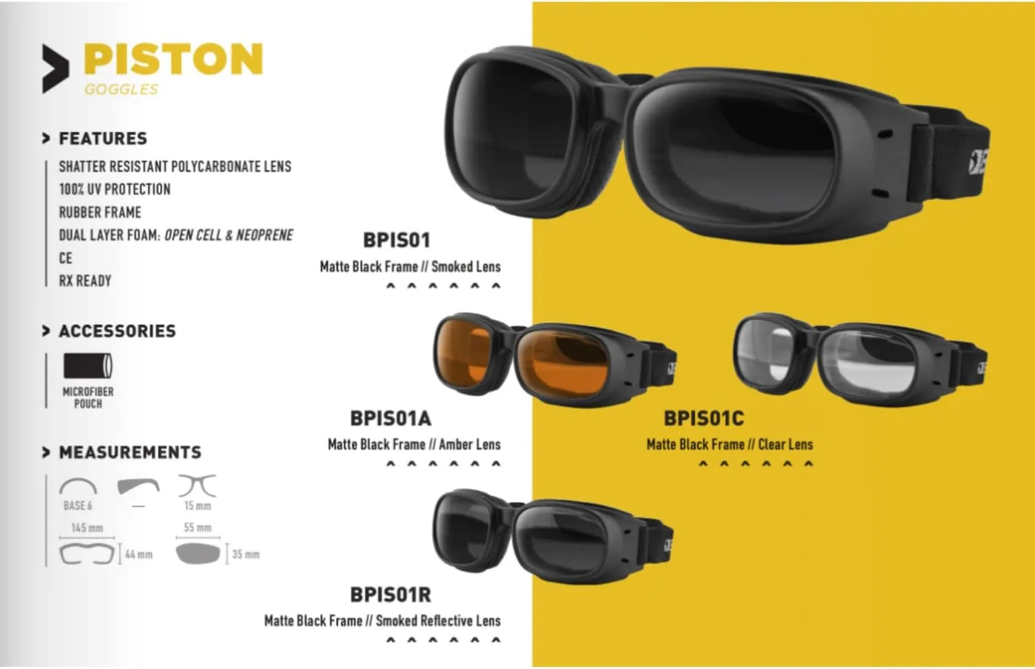Bobster Piston Goggles, Matte Black Rubber Frame